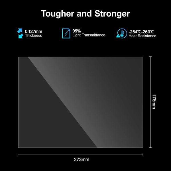 Compatible with ELEGOO Saturn 2 /3 /4 ultra Resin 3D printers and other 10-inch LCD 3D printers. Film dimensions: 273*176mm; Film thickness: 0.127mm. Made of pure raw materials from the US, wear-resistant, chemically resistant, non-stick surface, UV stable, high-temp resistant, and durable for long-term usage. The life span is 50% longer than the regular version of the release film, and the frequency of releases can be up to 9000 times, smooth surface, no wrinkles, scratches and bubbles, which can meet the multiple requirements of different models. 95% UV light transmittance ensures the right amount of UV to pass through for faster and more accurate curing 3D printed models, perfectly fit, scratch-free, and less release tension for easy to remove models.